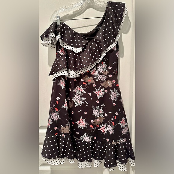 Anthropologie | LEA & Viola Whimsical Polka Dot & Floral One Shoulder Mini Dress - Picture 2 of 8